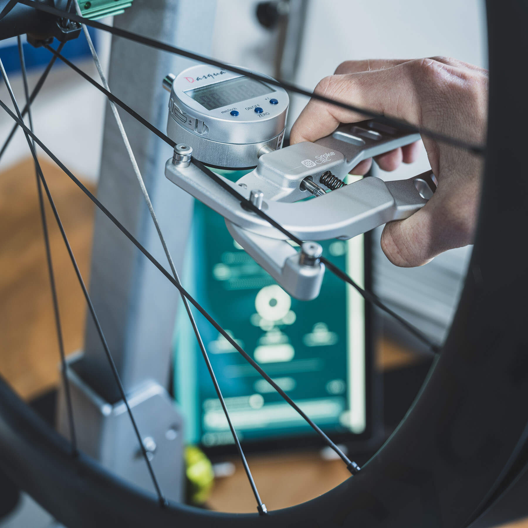 The SpokeCalc DTM spoke tension meter.