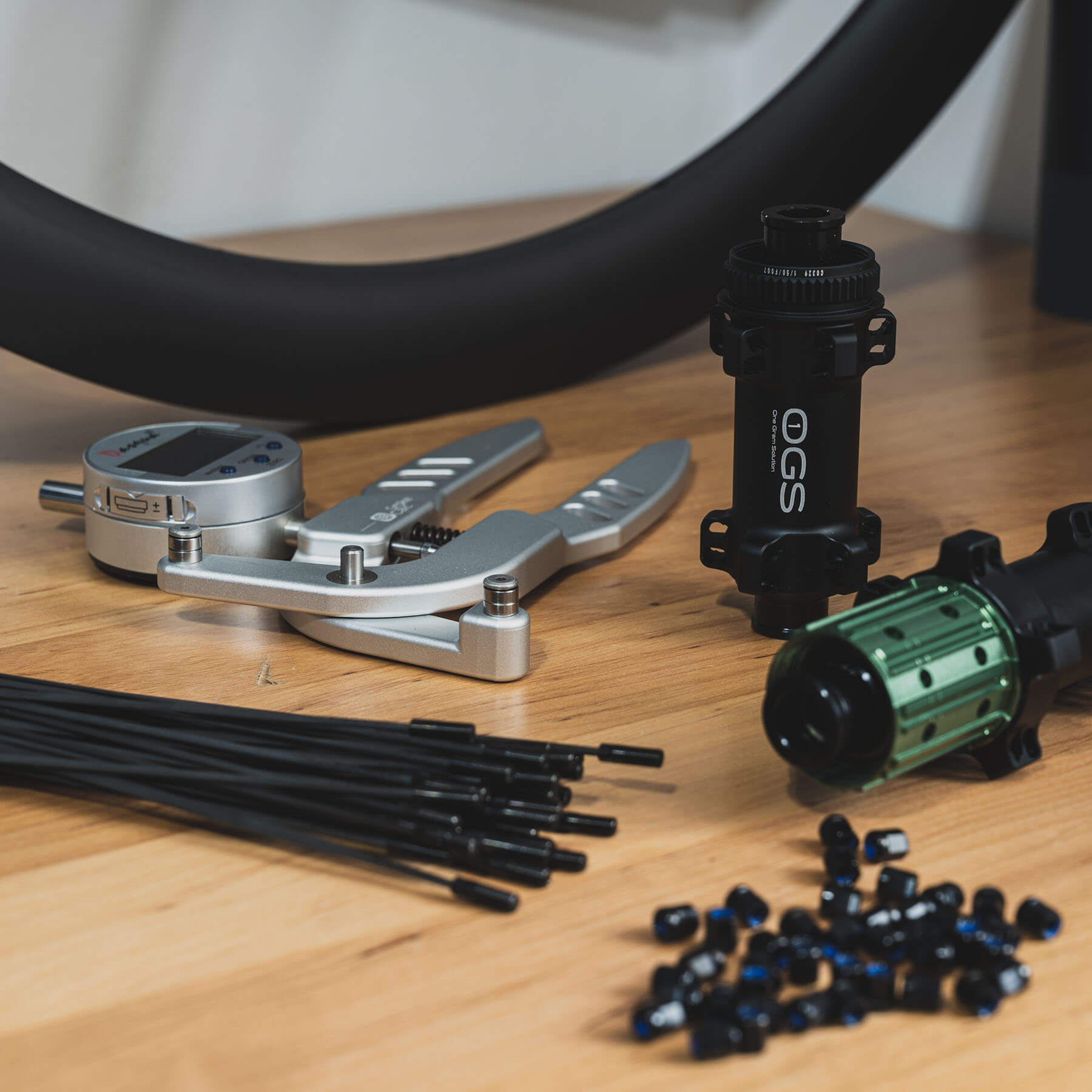 Wheelset components placed on a table before the build