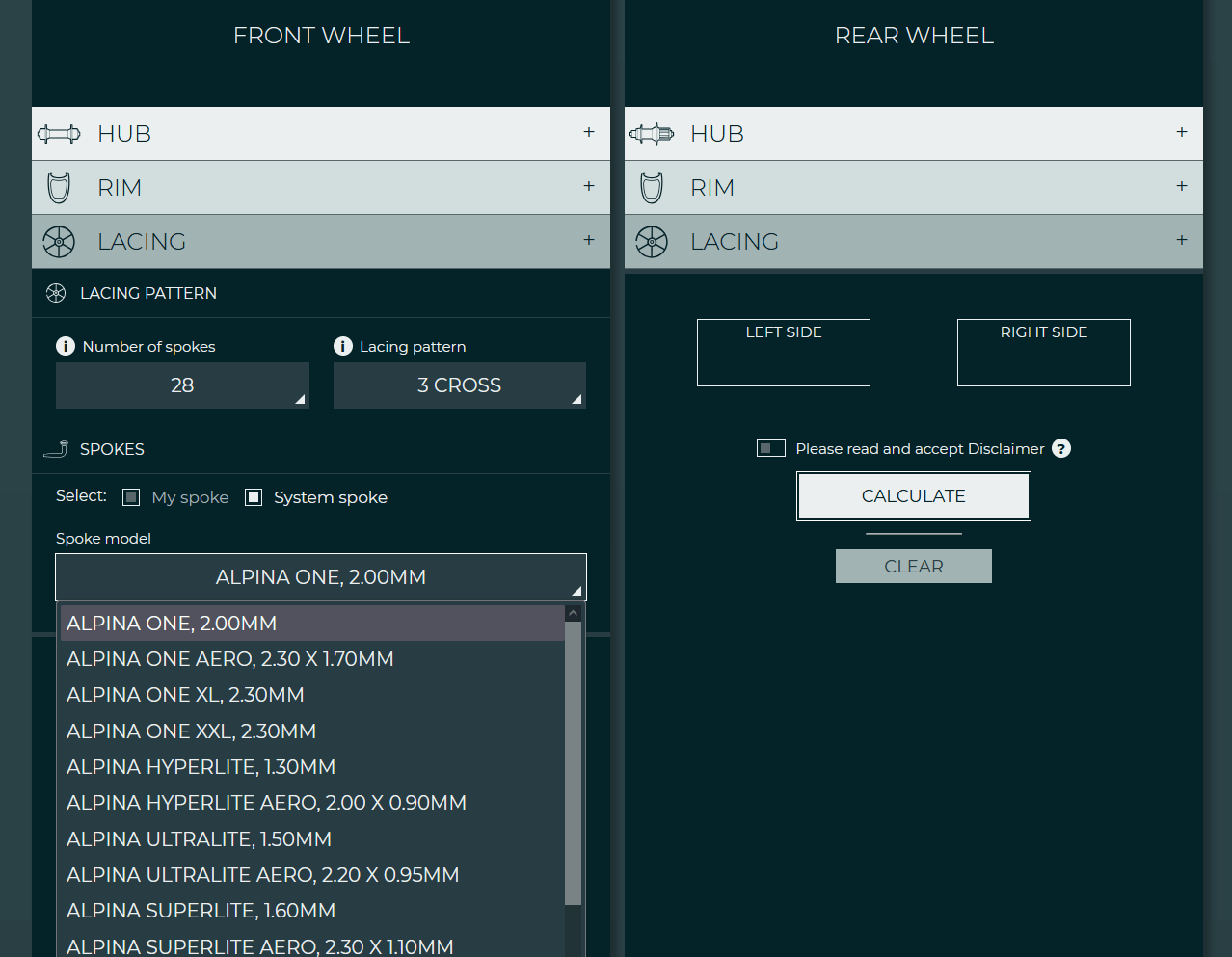 Alpina spokes inside spokecalc.io spoke calculator