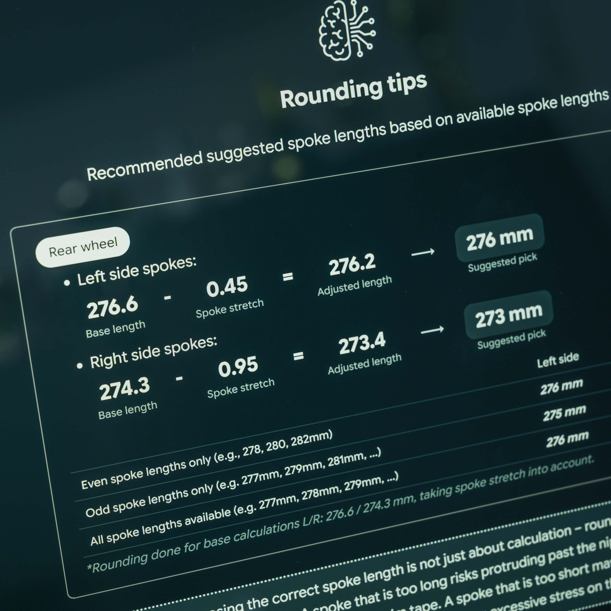 Rounding tips inside spoke calculator